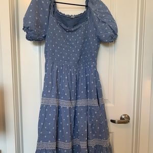 Puff-Sleeve Smocked Printed Embroidered Fit & Flare Chambray Midi Dress